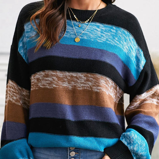 Contrast Striped Round Neck Drop Shoulder Sweater