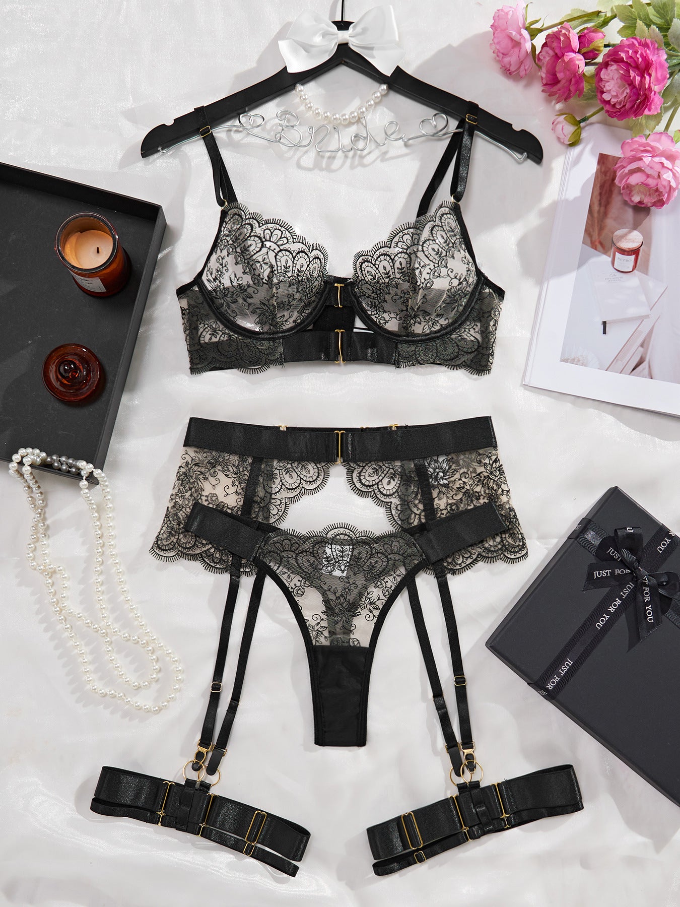 EmbroLuxe™ 4-Piece Sheer Lace Lingerie Set