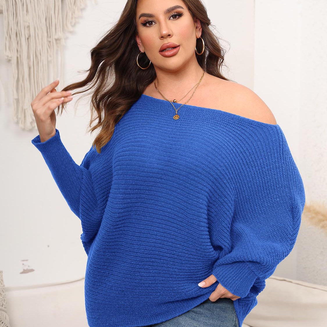 Full Size Boat Neck Batwing Sleeve Sweater