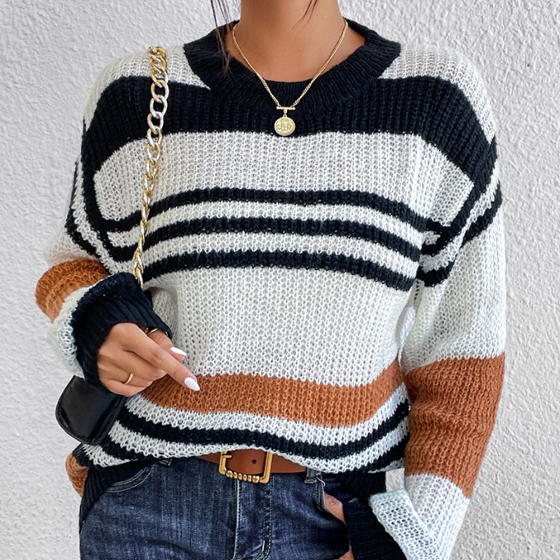 Contrast Striped Round Neck Long Sleeve Sweater